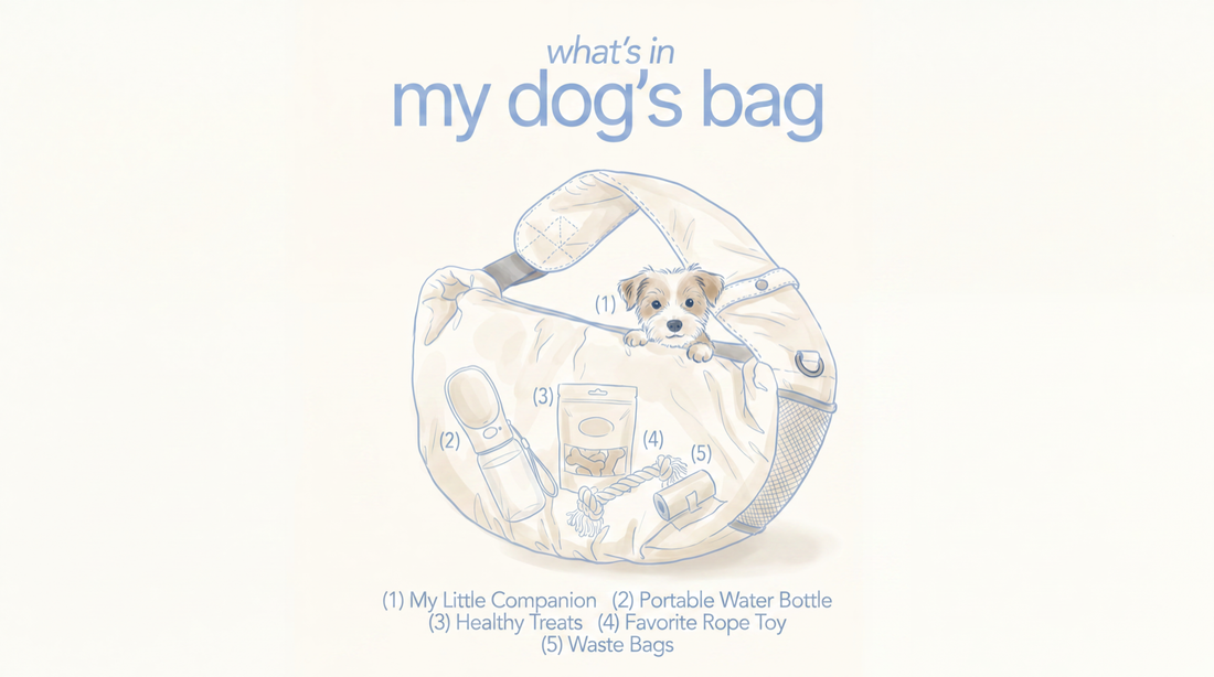 Illustration of a cream pet carrier sling open and packed with essentials: small dog, portable water bottle, healthy treats, rope toy, and waste bags
