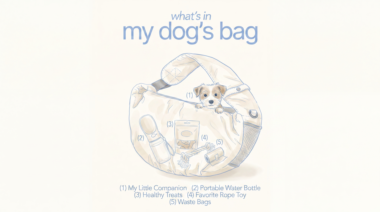 Illustration of a cream pet carrier sling open and packed with essentials: small dog, portable water bottle, healthy treats, rope toy, and waste bags