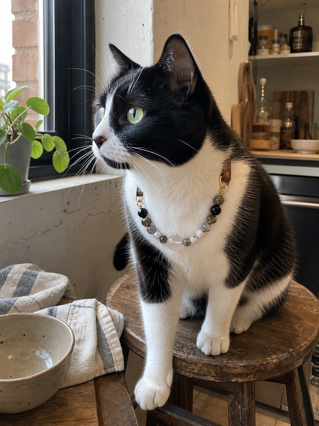 smoky cat wearing PrismTail crystal collar