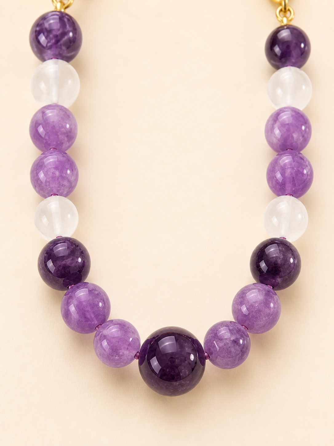 Close-up of amethyst crystal beads on PrismTail natural stone pet collar