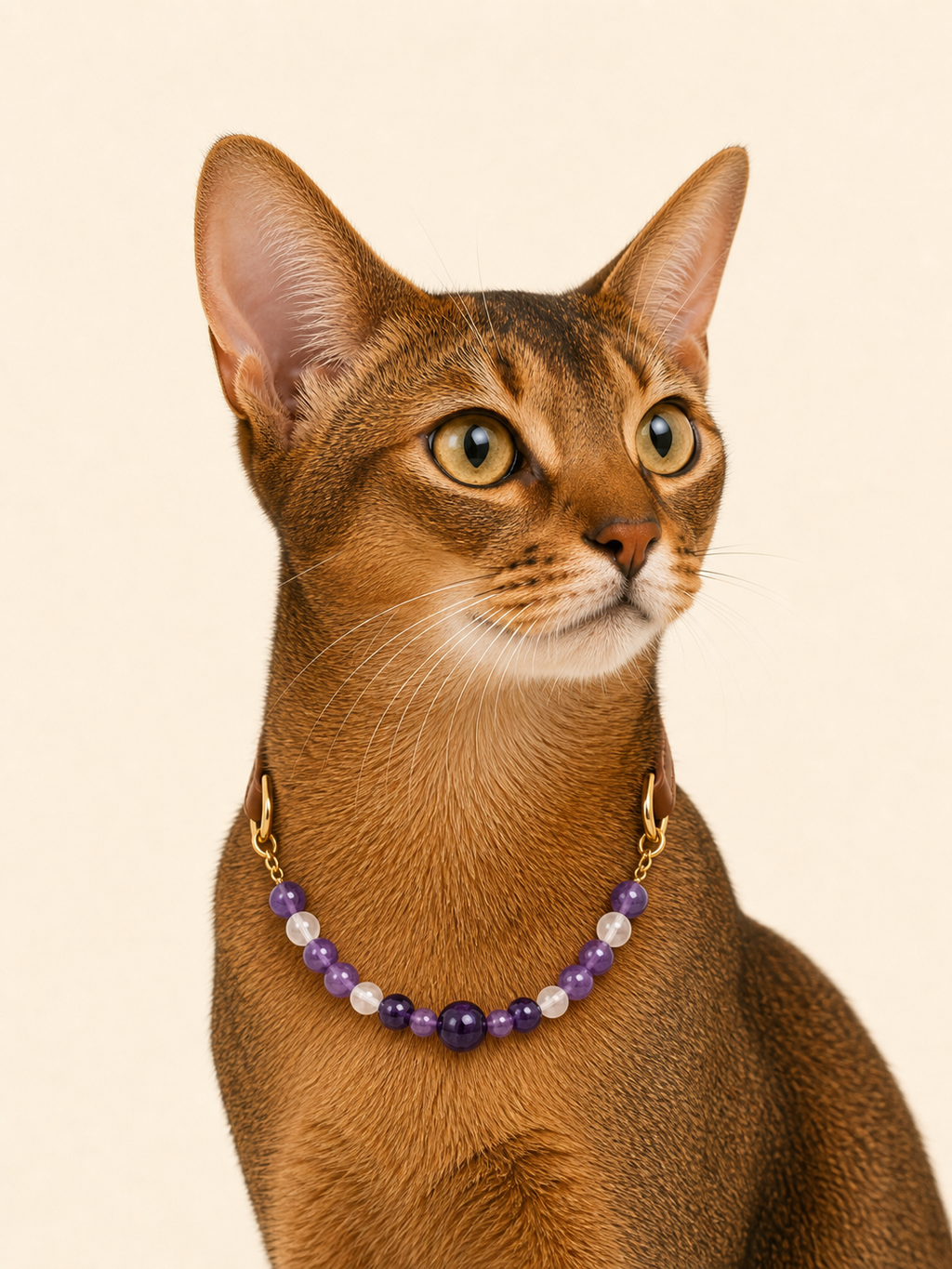 Abyssinian cat wearing PrismTail Amethyst crystal collar – natural purple stone cat jewelry