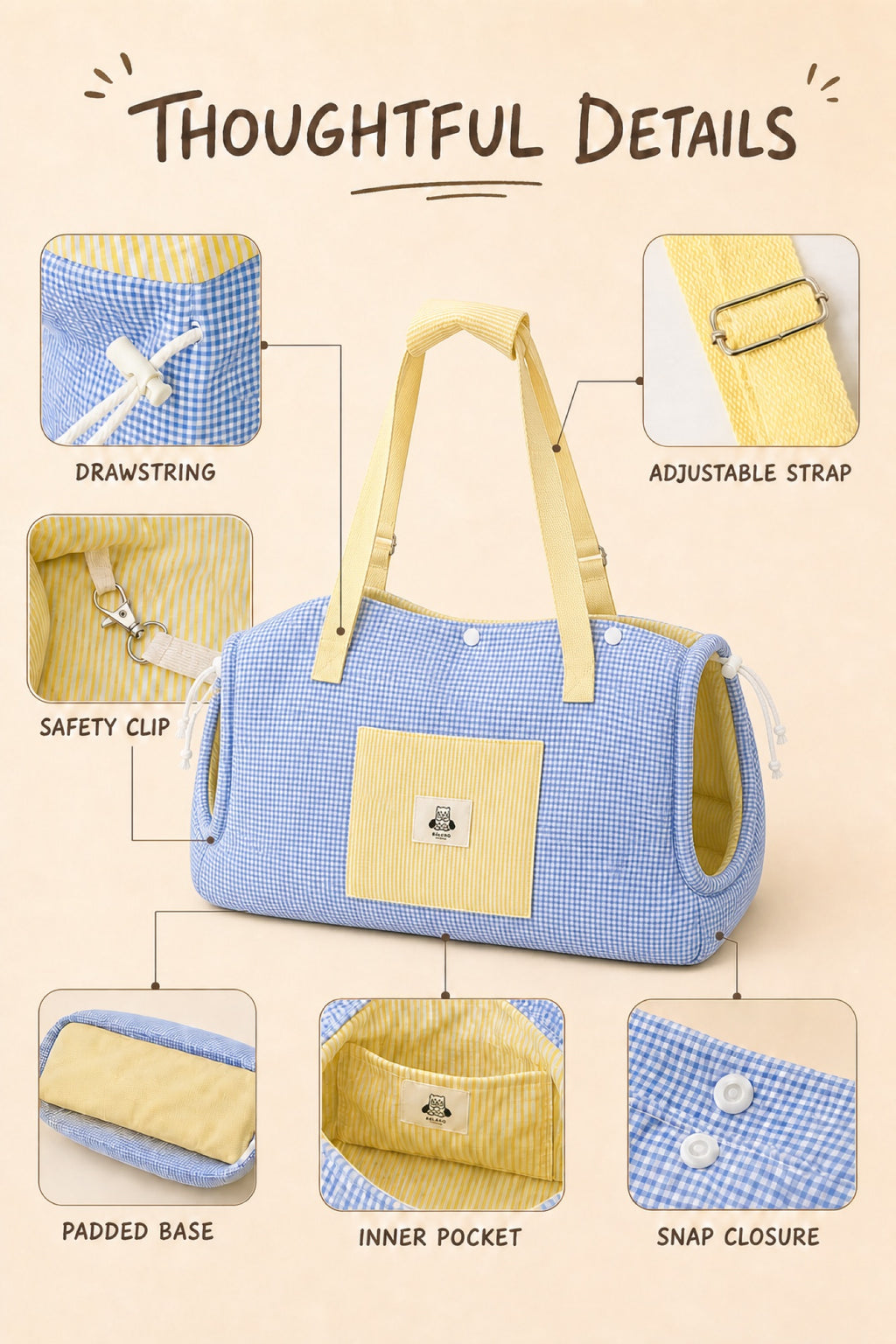 PrismTail Breeze Tote features: adjustable strap, safety clip, padded base, inner pocket