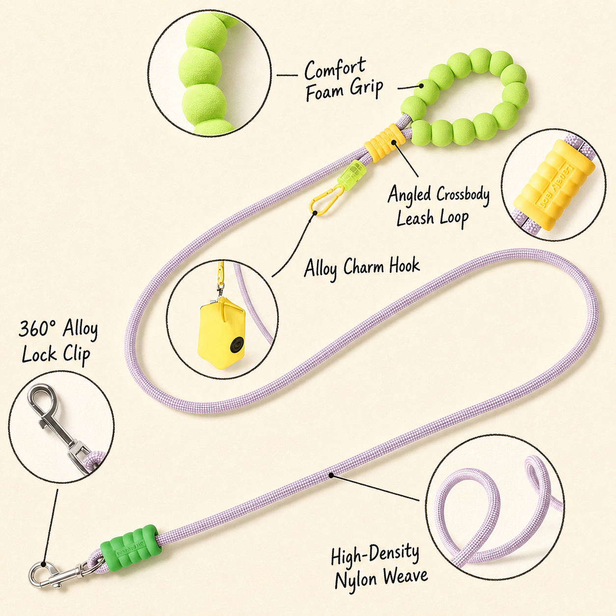 PrismTail Bubble Leash features — NBR foam grip, 360° alloy clip, charm hook, ECO nylon weave