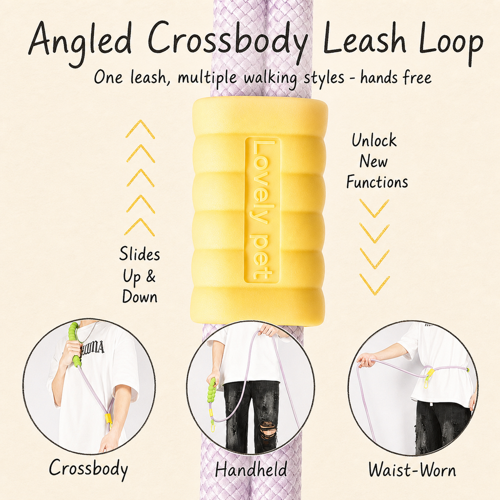 PrismTail Bubble Leash crossbody carry mode — slides up and down for hands-free dog walking