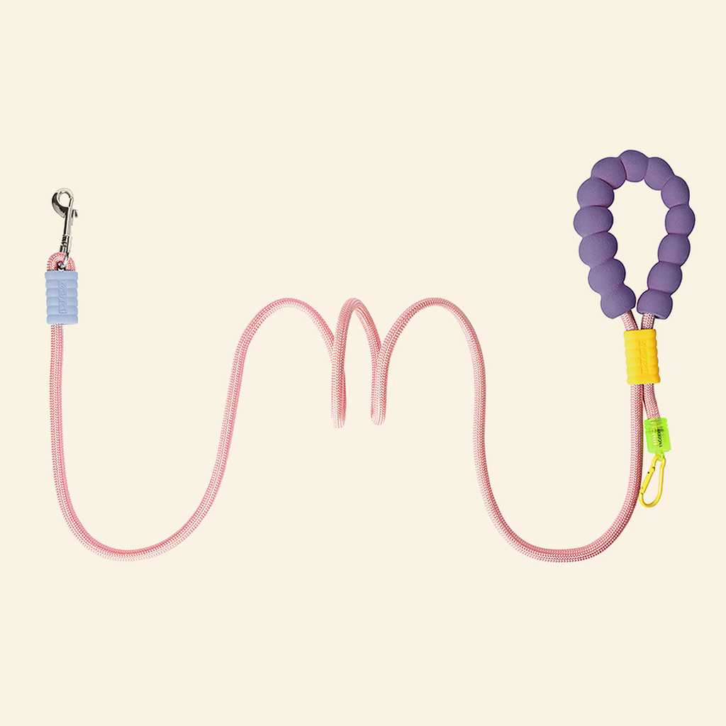 PrismTail Bubble Leash in Petal — pink nylon rope with foam bubble grip, 3-in-1 dog leash