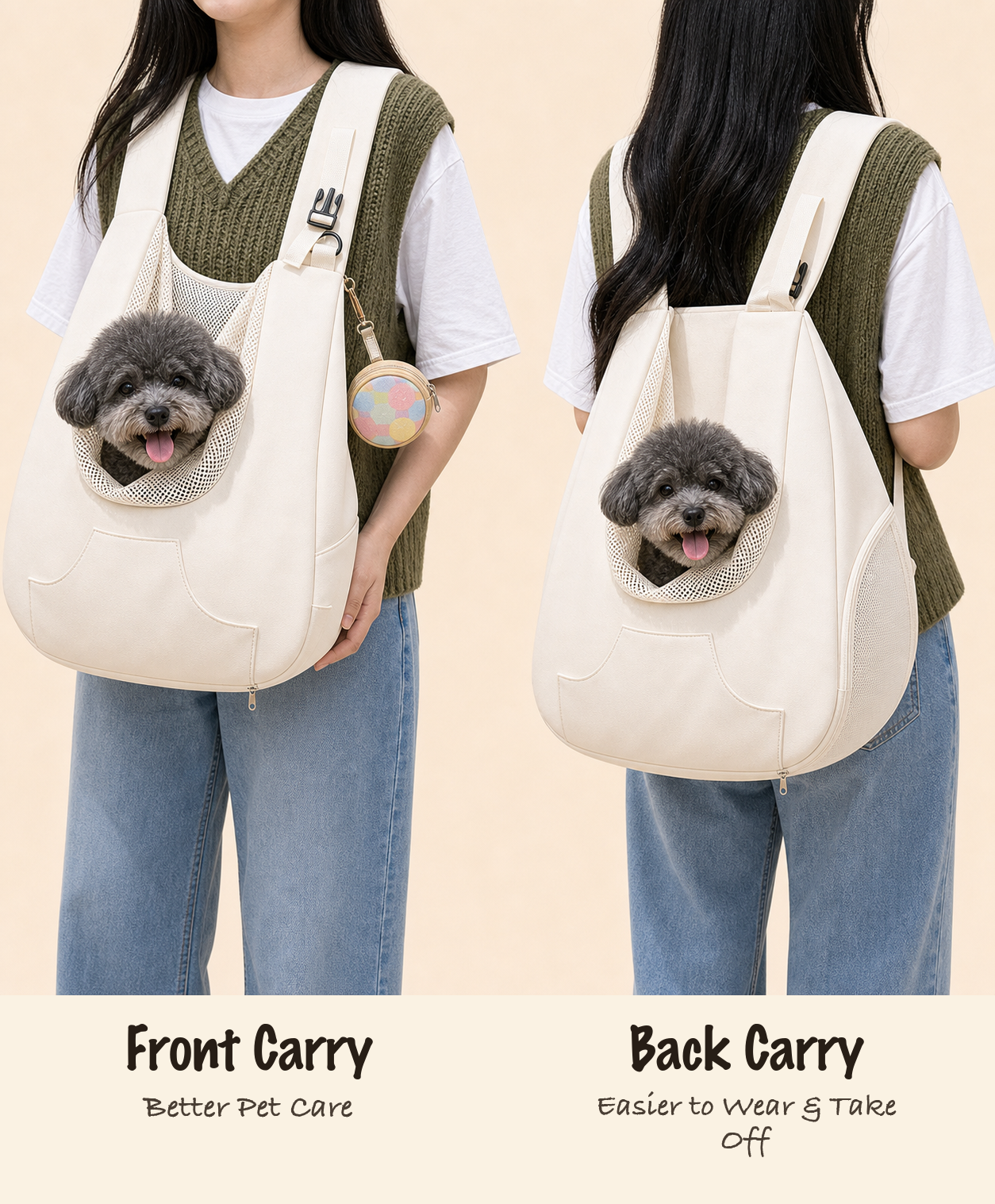 Oat canvas pet carrier shown in different carry modes