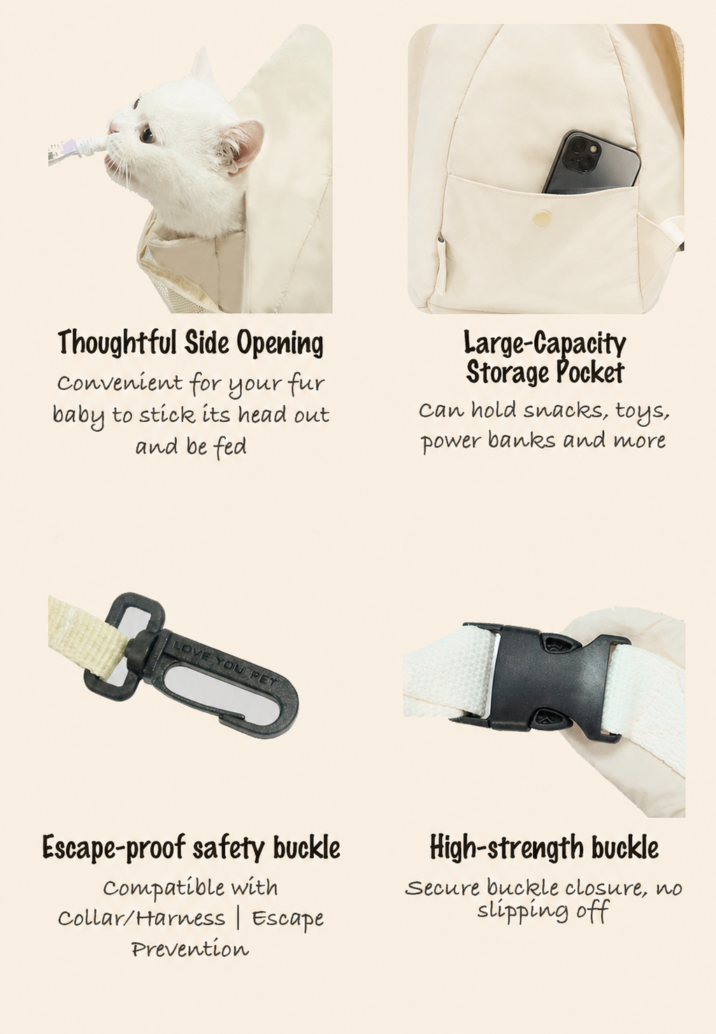Close-up detail of the oat canvas pet sling carrier
