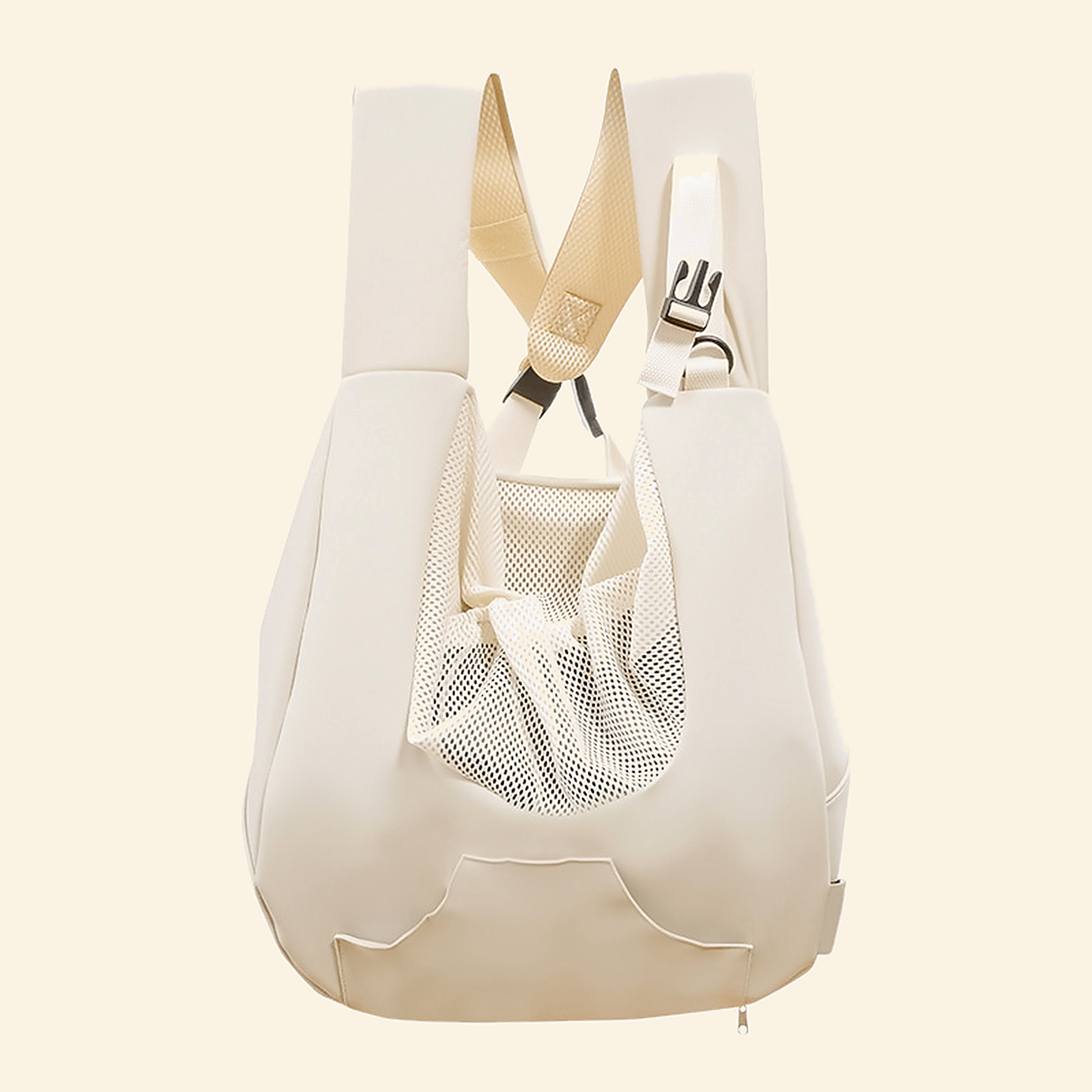 Oat canvas pet sling carrier, back view with mesh panel
