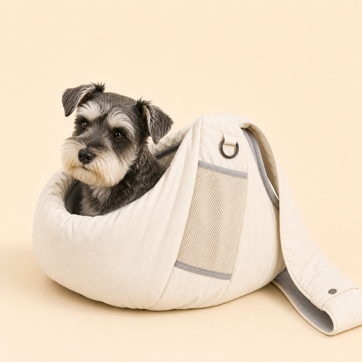PrismTail Cloud Sling Cream – Miniature Schnauzer sitting comfortably inside the pet carrier sling