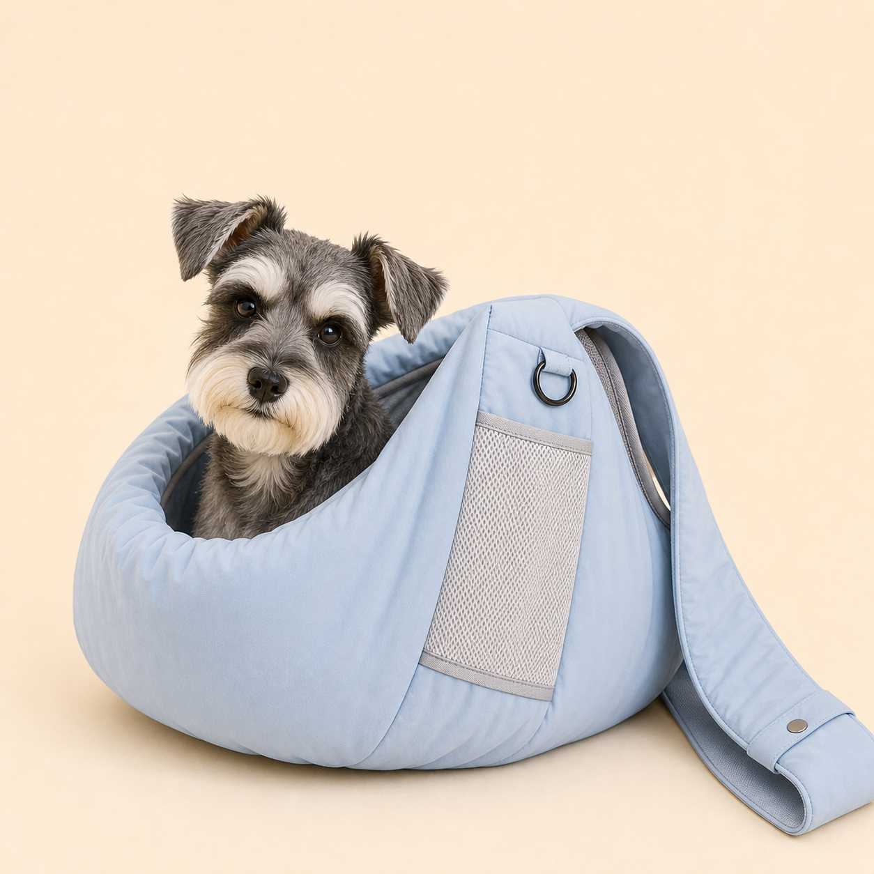 PrismTail Cloud Sling Mist – Miniature Schnauzer sitting comfortably inside the pet carrier sling