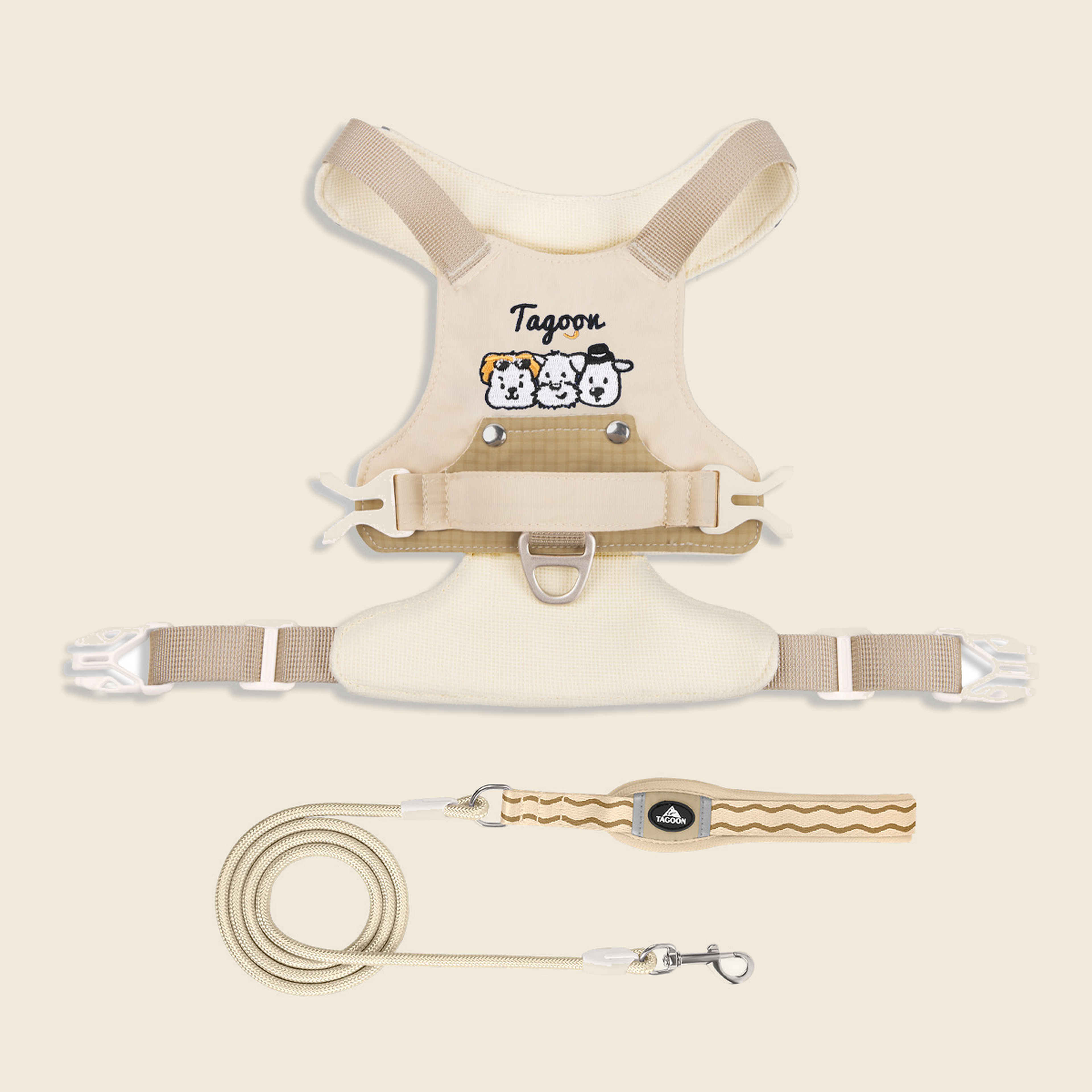 Beige dog harness and leash set, flat lay