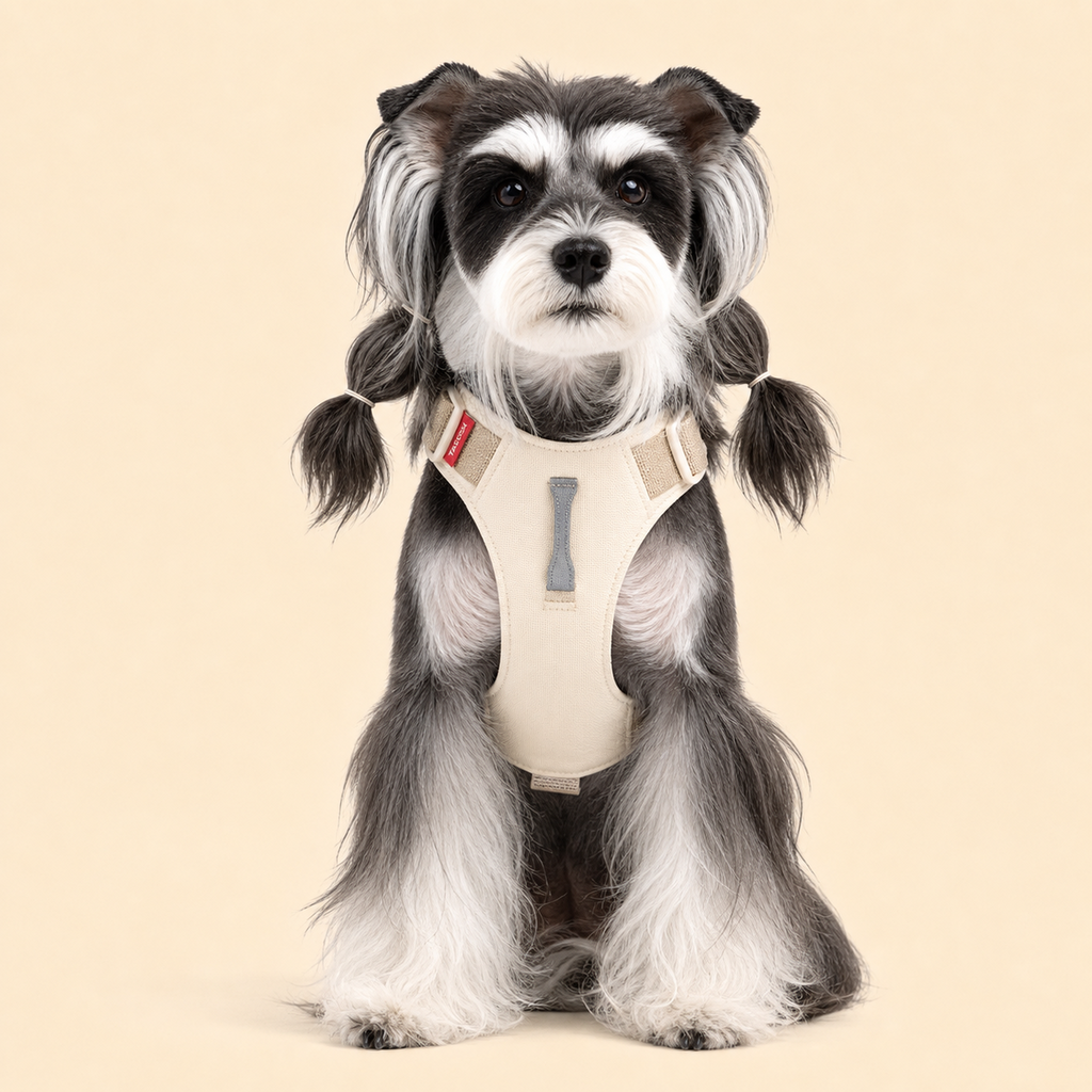 Dog wearing a beige step-in harness, front view