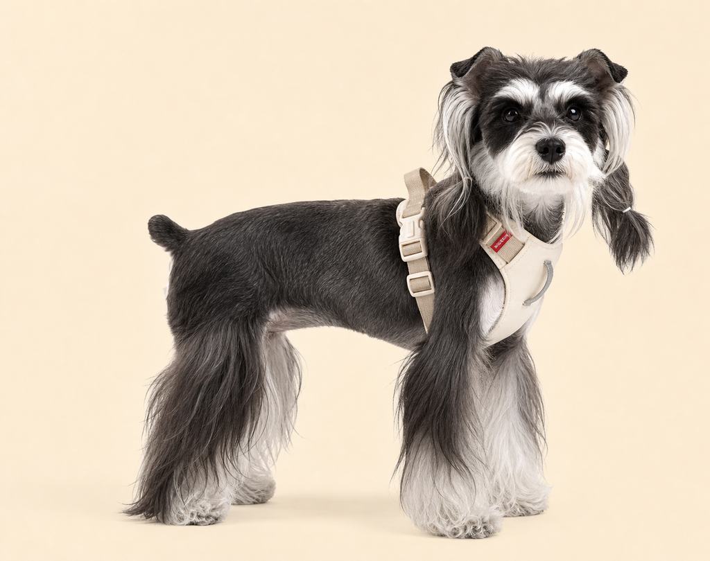 Dog wearing a beige step-in harness, side view