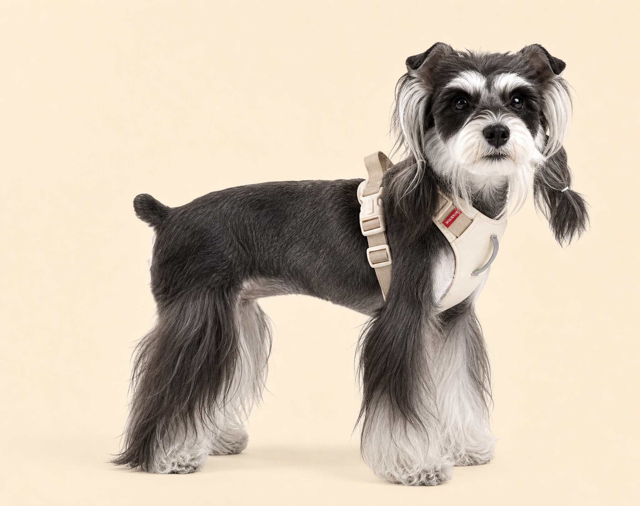 Dog wearing a beige step-in harness, side view