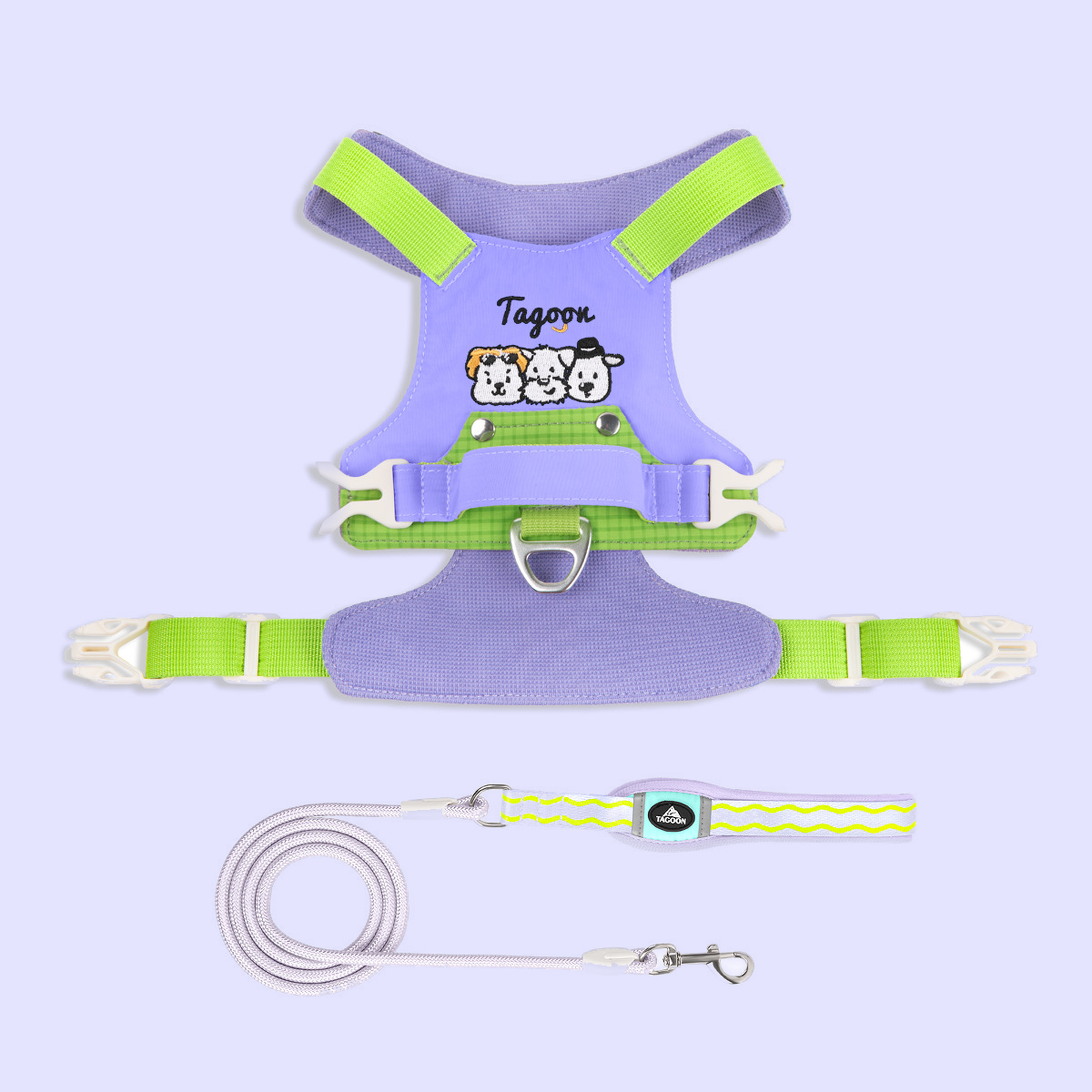 Lavender and green dog harness and leash set, flat lay