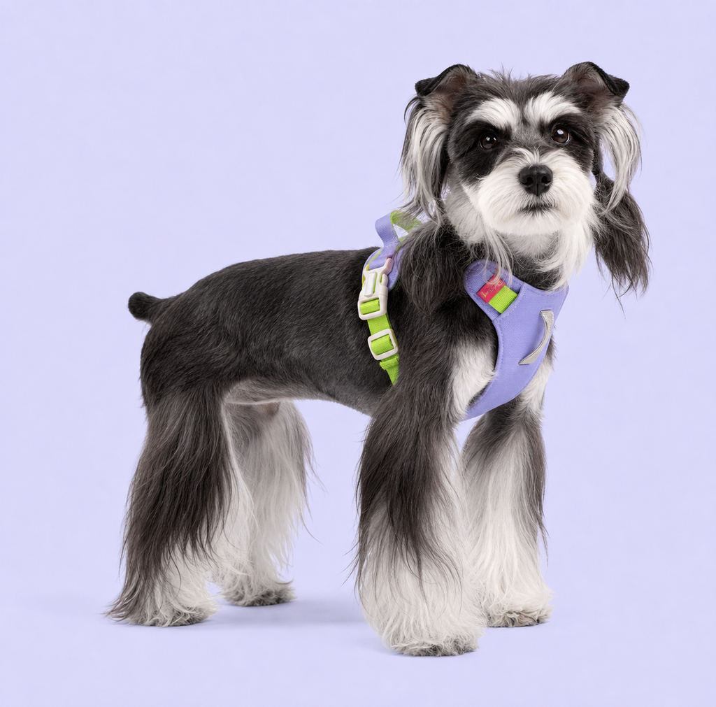 Dog wearing a lavender and green step-in harness, side view