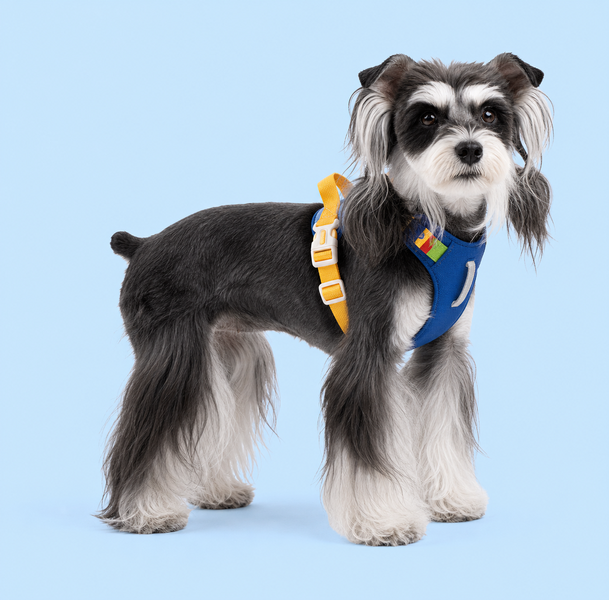 Dog wearing a navy and yellow step-in harness, side view
