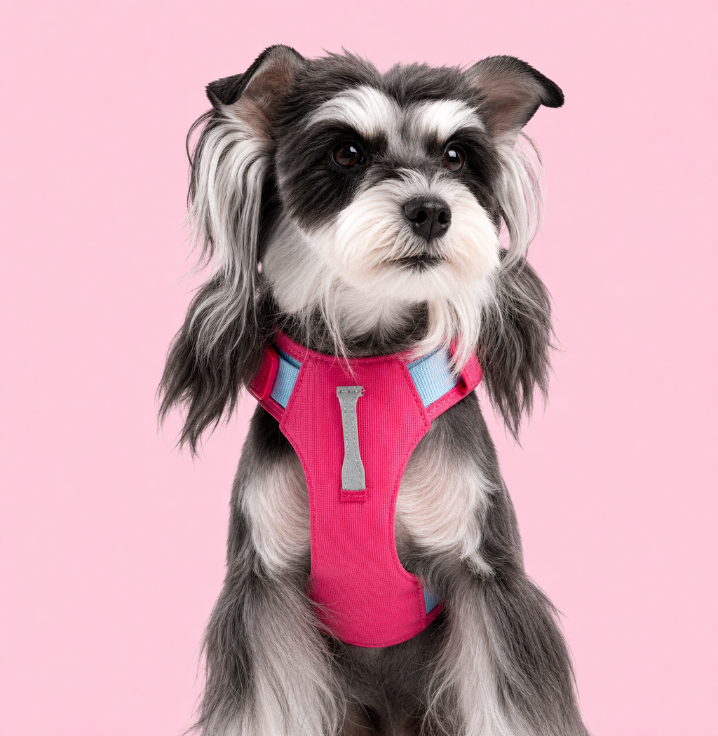 Dog wearing a pink and blue step-in harness, front view