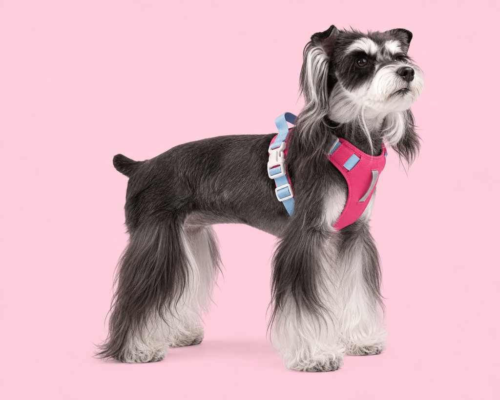Dog wearing a pink and blue step-in harness, side view