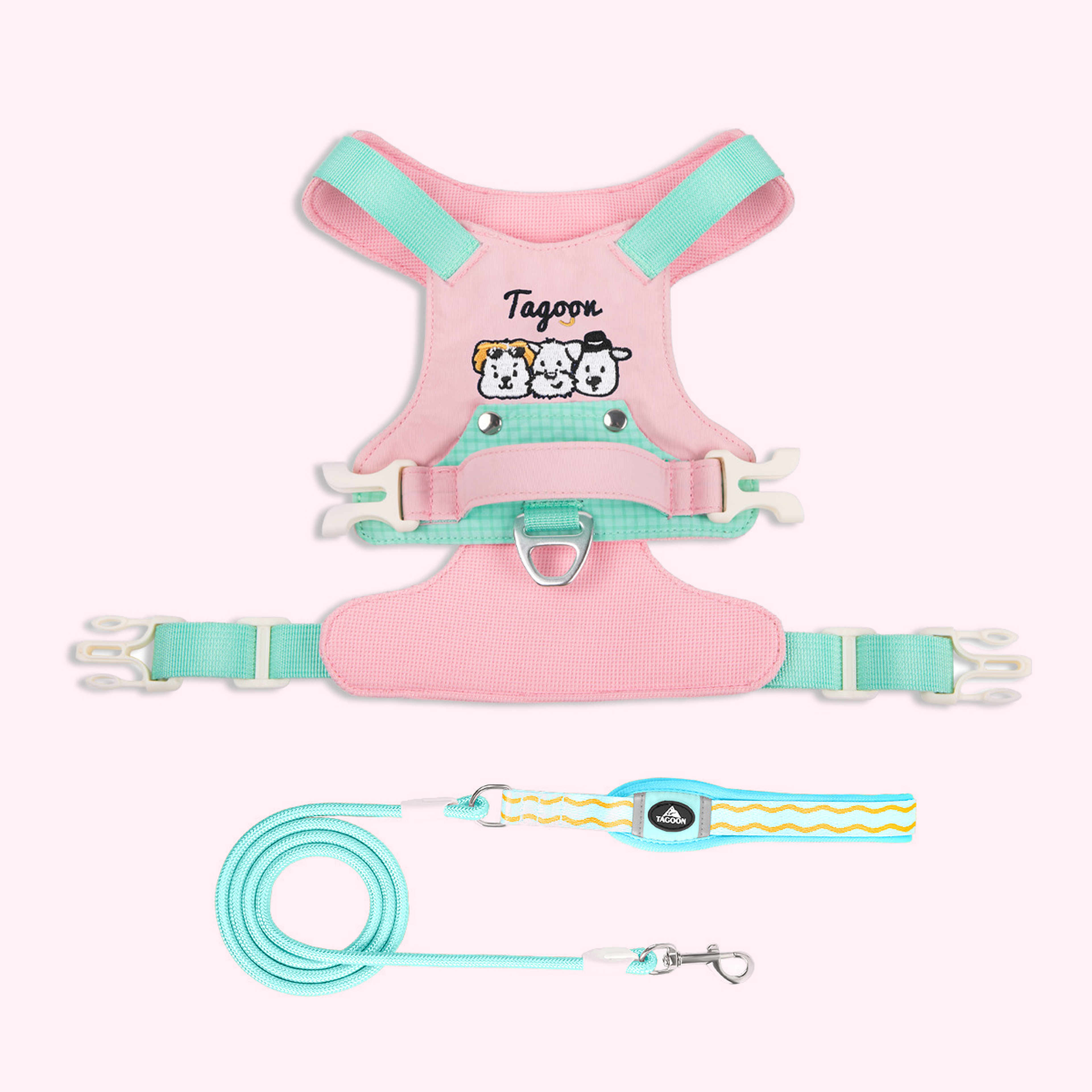 Pink and mint dog harness and leash set, flat lay