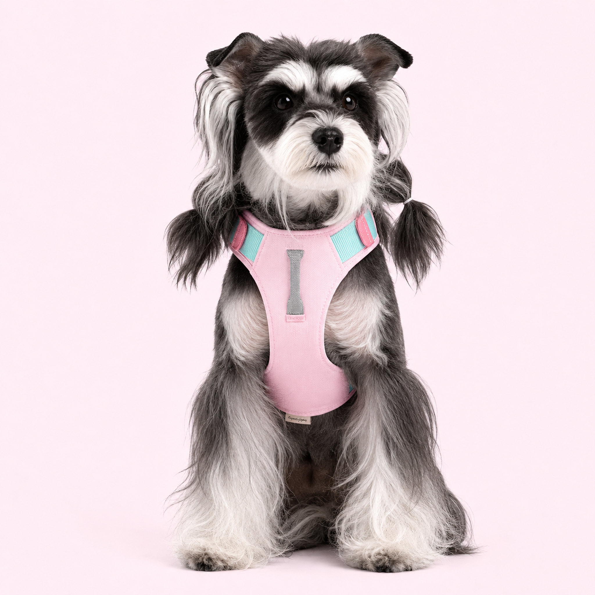 Dog wearing a pink and mint step-in harness, front view