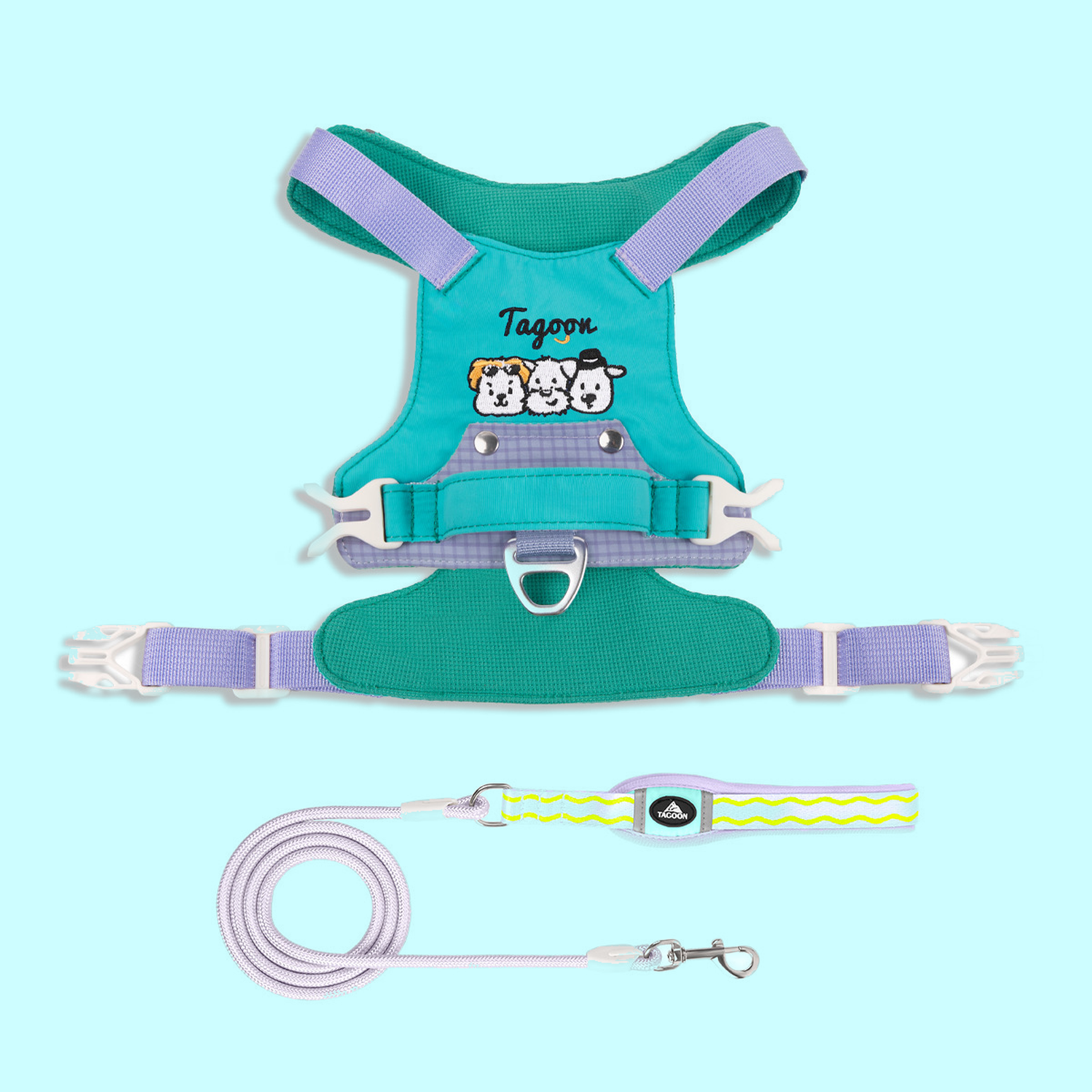 Teal and violet dog harness and leash set, flat lay