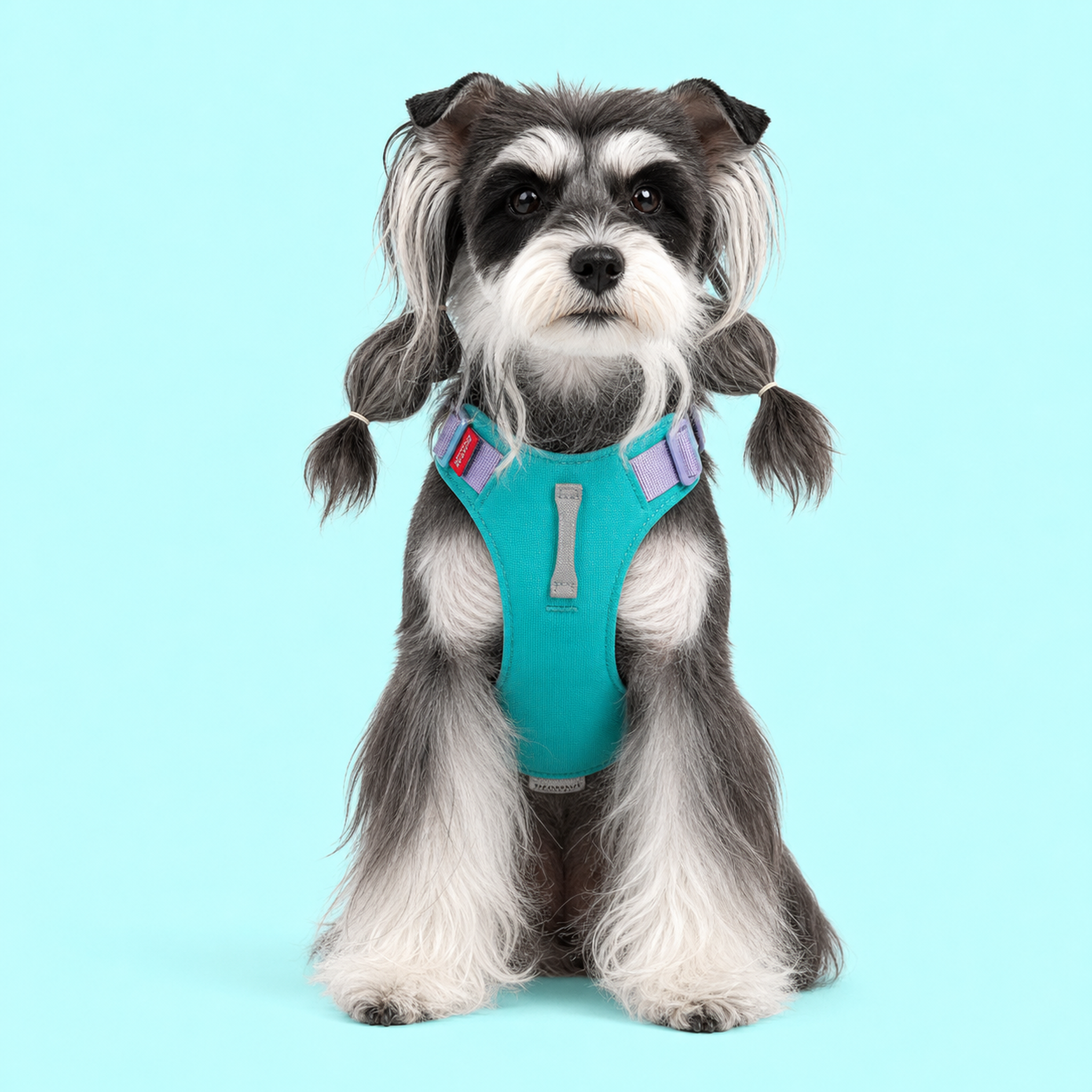 Dog wearing a teal and violet step-in harness, front view