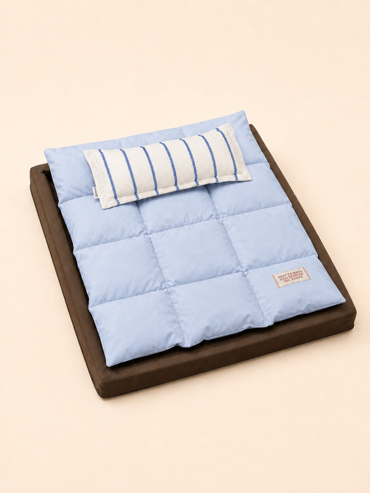 PrismTail Drift Bed cloud pet bed in Misty Light Blue with brown foam base