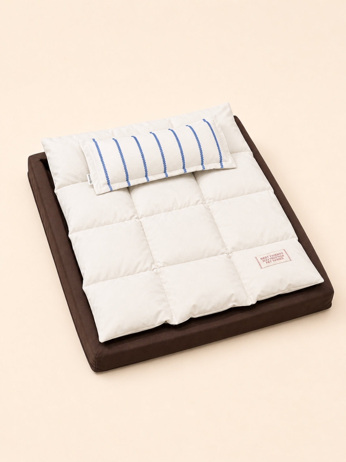 PrismTail Drift Bed Korean-style cloud pet bed in Milky White with brown foam base