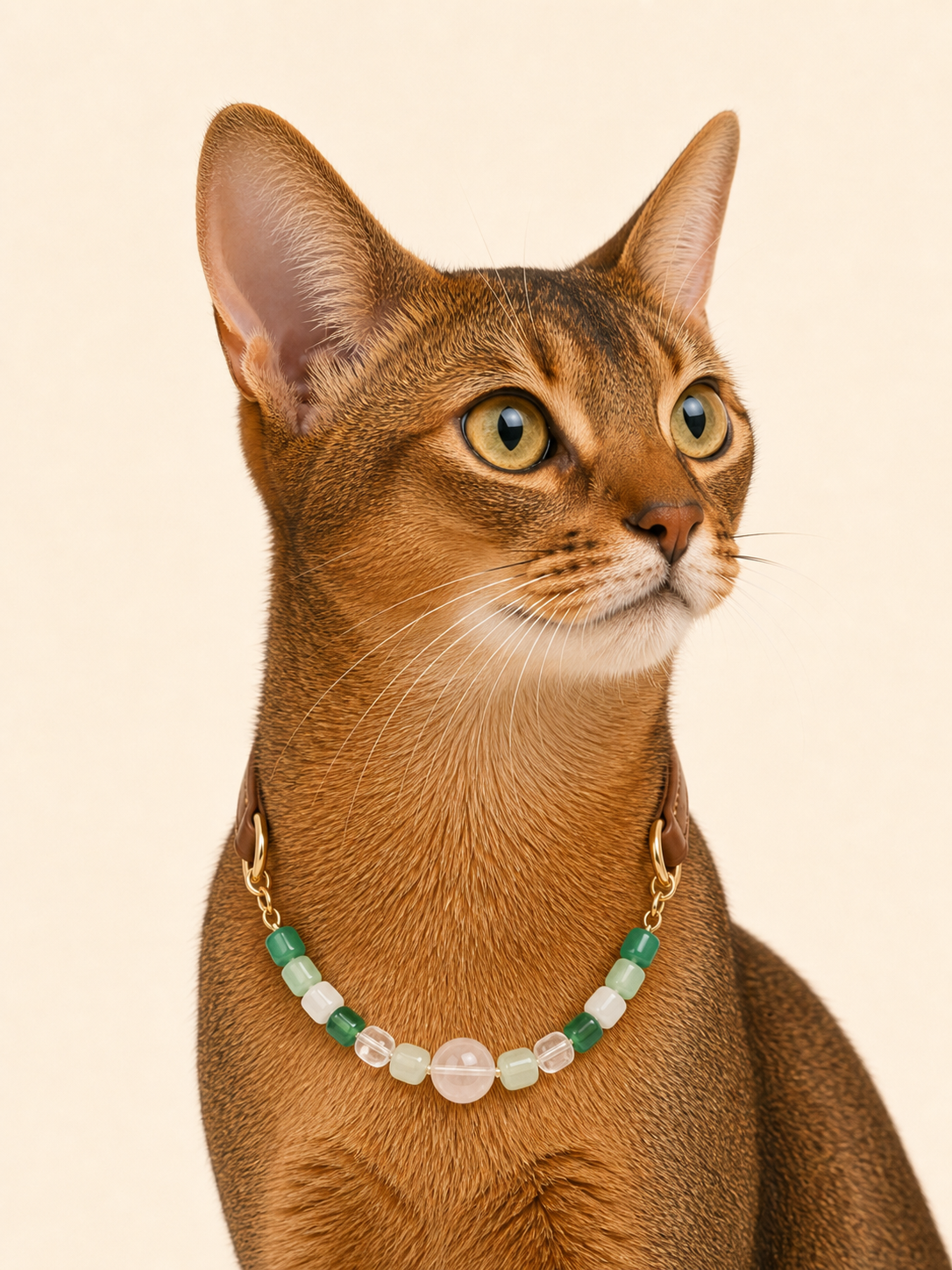 Abyssinian cat wearing PrismTail Green Selenite crystal collar – natural green stone cat jewelry