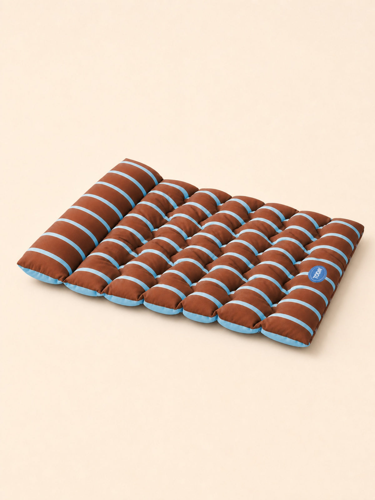 PrismTail Meadow Mat reversible bolster pet mat in Cocoa Sky blue and brown stripes