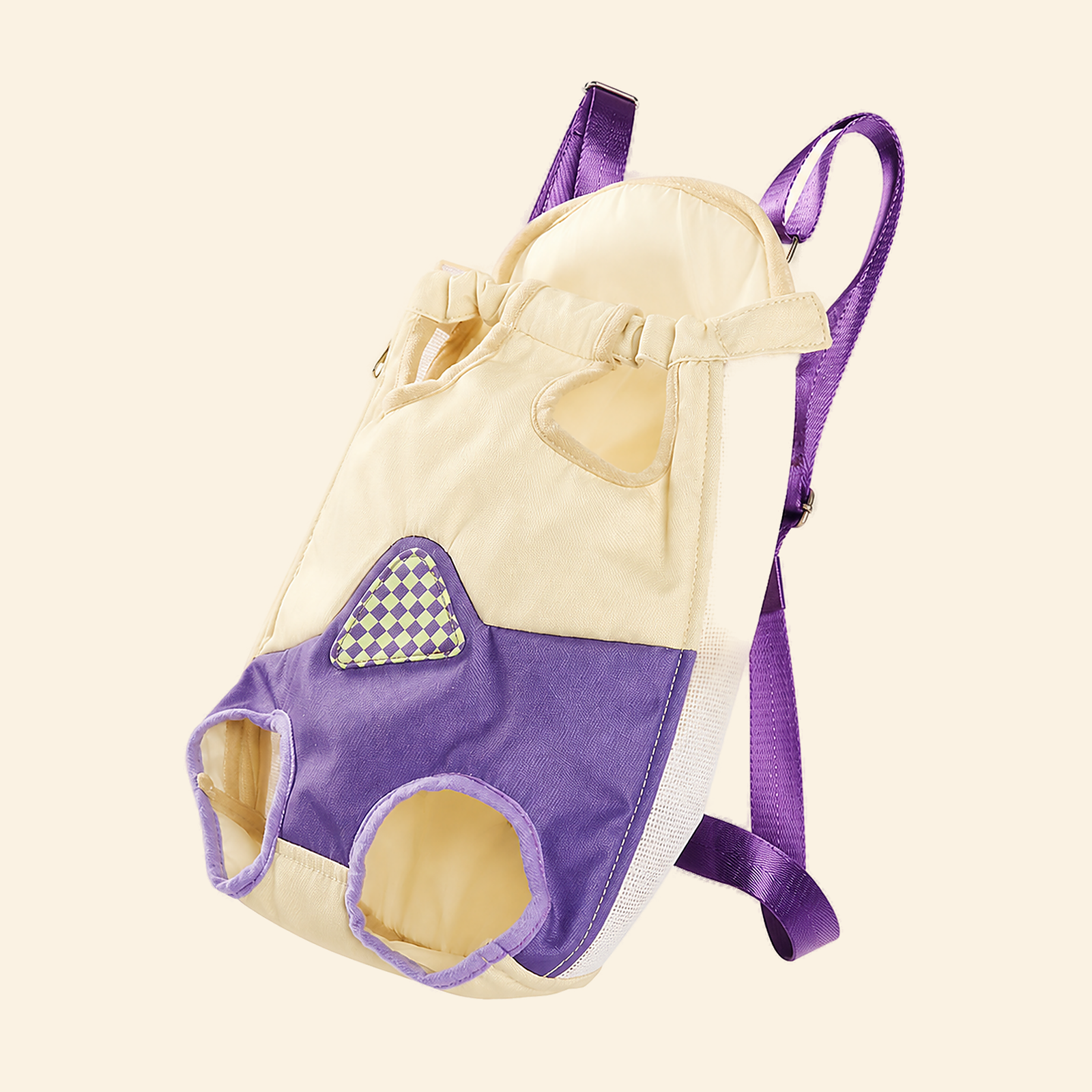 Lilac checkerboard pet carrier backpack, front view