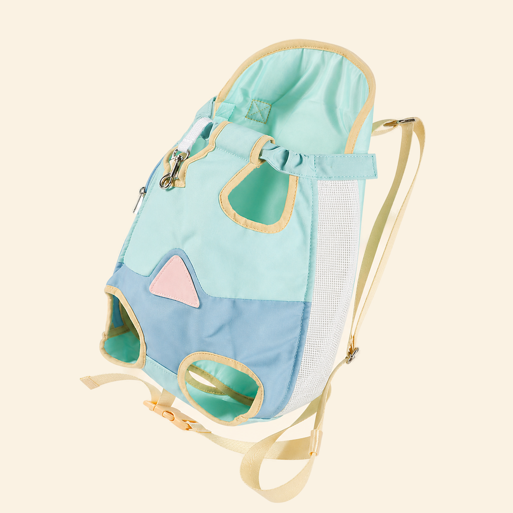 Mint blue checkerboard pet carrier backpack, front view
