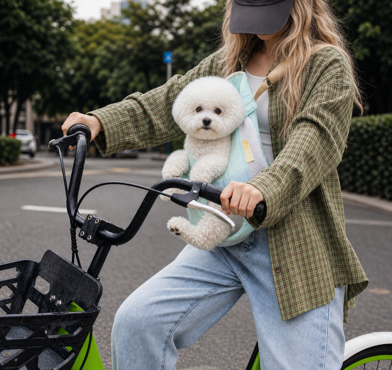 Pet carried in a checkerboard front carrier backpack