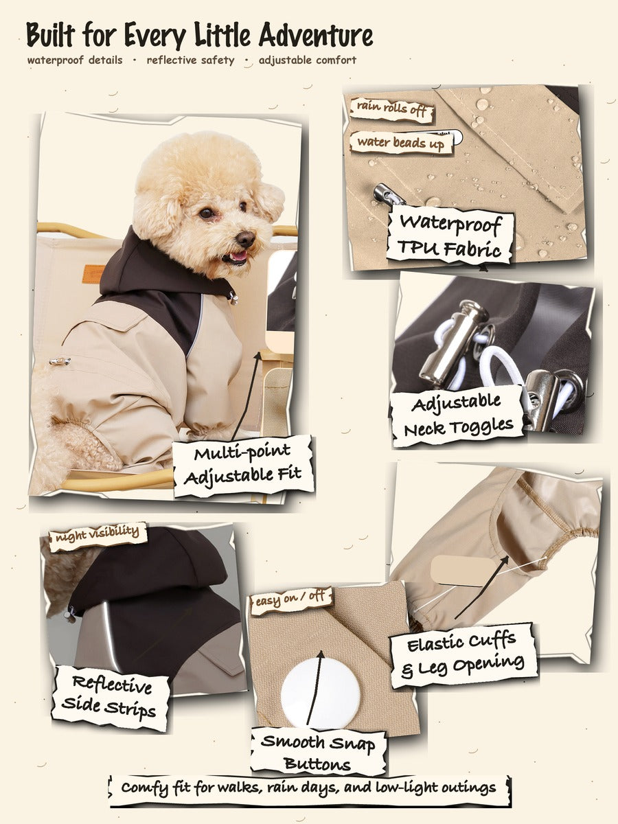 PrismTail dog raincoat features: waterproof TPU, reflective strips, adjustable fit