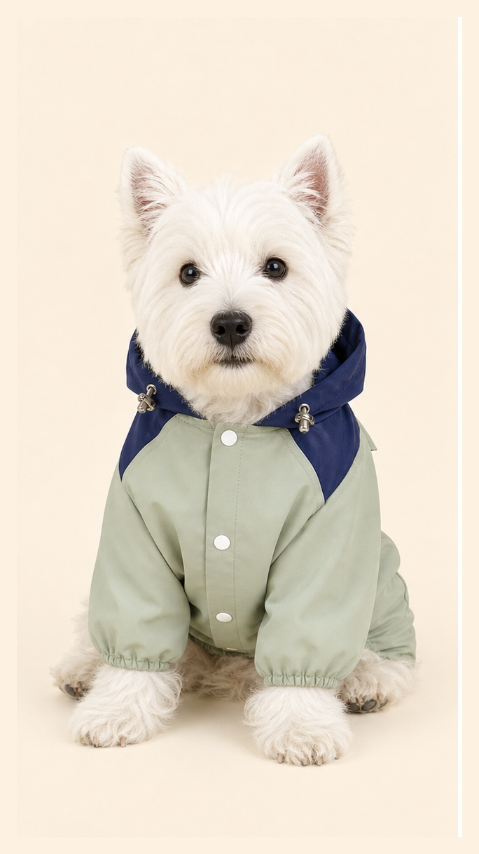Dog wearing a PrismTail waterproof raincoat, front view