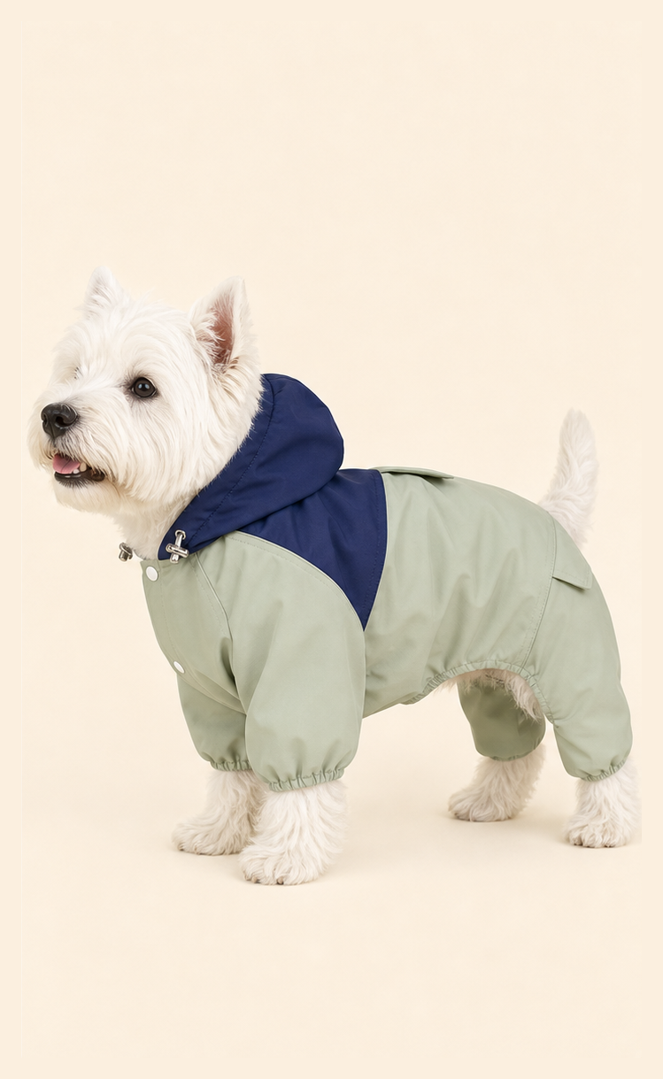 Dog wearing a PrismTail waterproof raincoat, side view