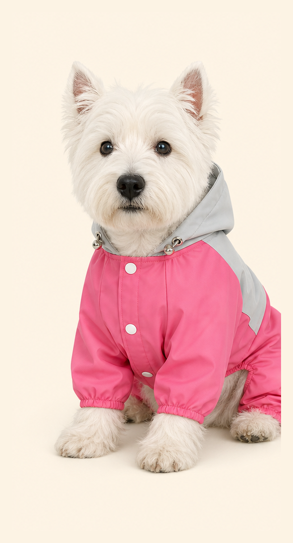 Dog wearing a PrismTail waterproof raincoat, front view