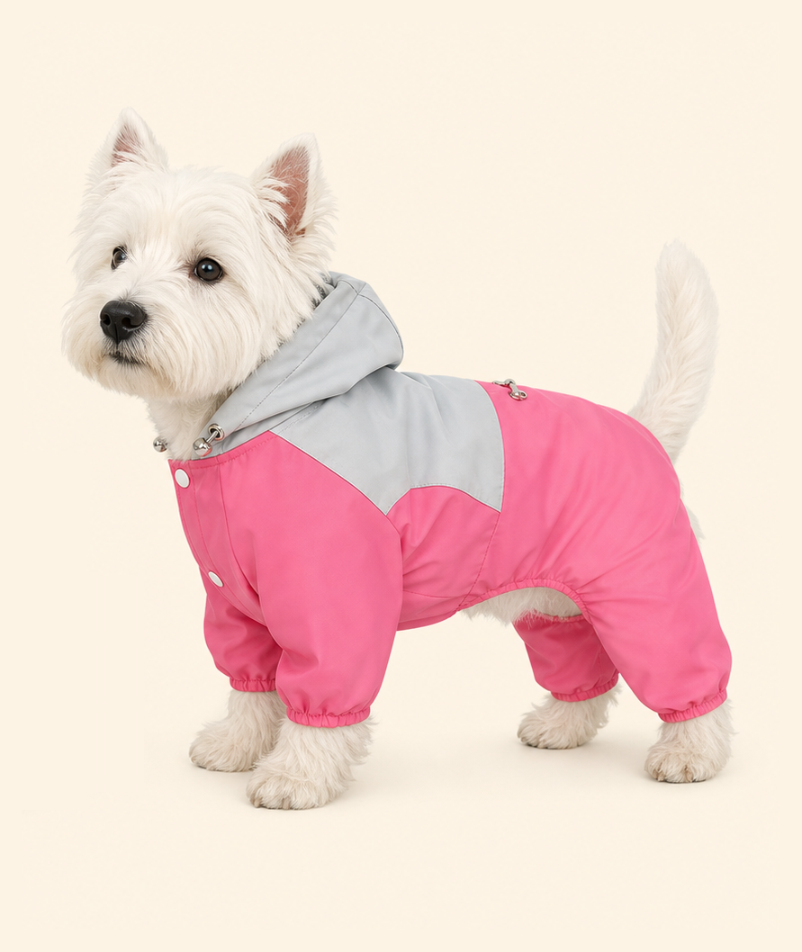 Dog wearing a PrismTail waterproof raincoat, side view