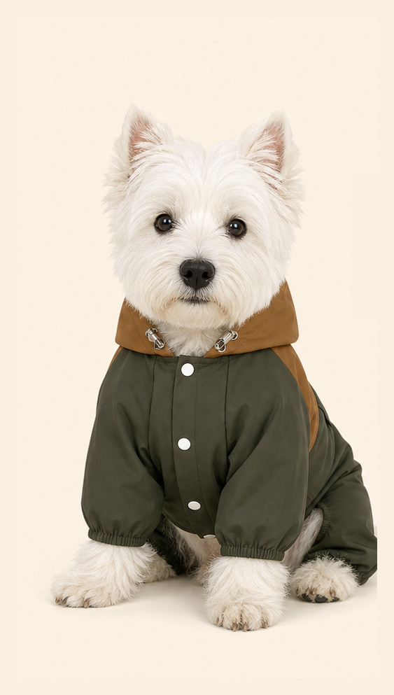 Dog wearing a PrismTail waterproof raincoat, front view