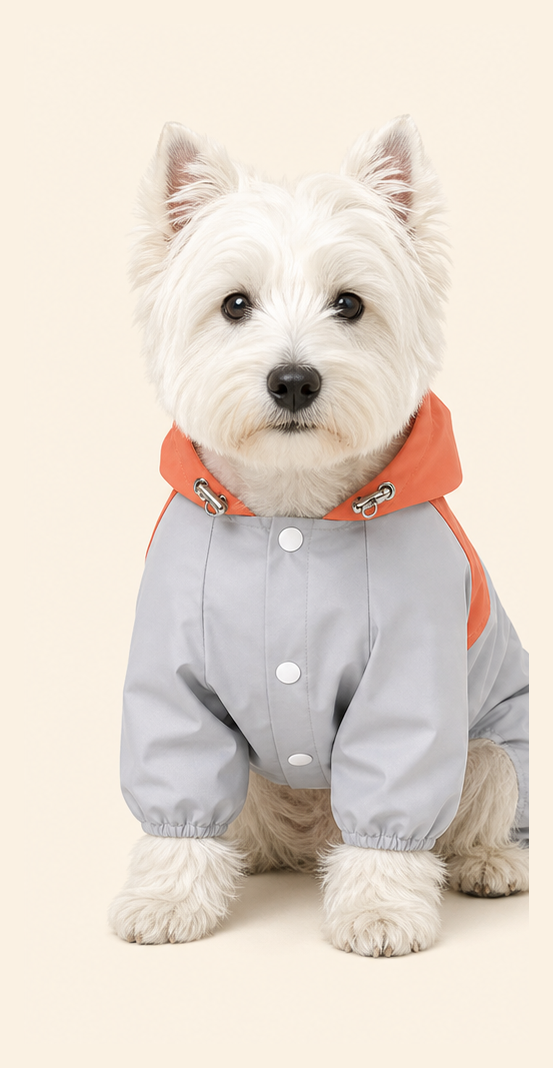 Dog wearing a PrismTail waterproof raincoat, front view