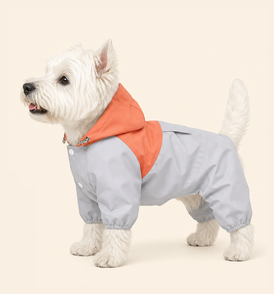 Dog wearing a PrismTail waterproof raincoat, side view