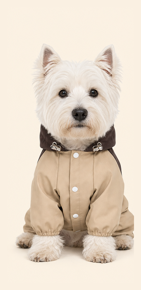 Dog wearing a PrismTail waterproof raincoat, front view