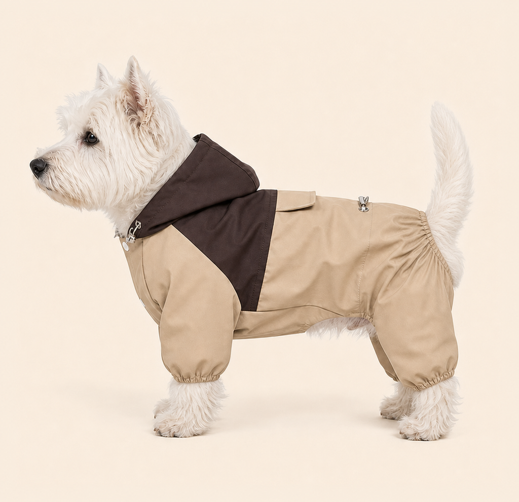 Dog wearing a PrismTail waterproof raincoat, side view