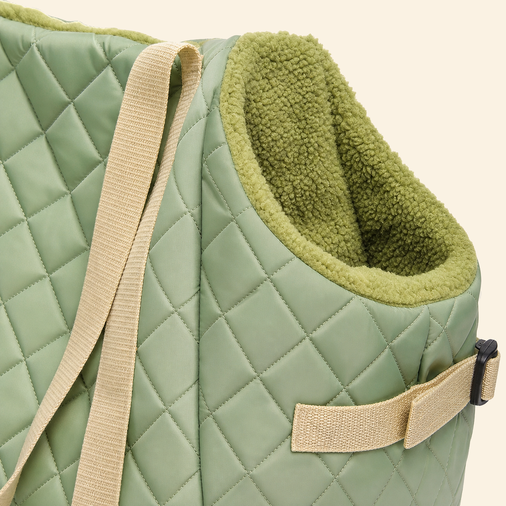 Close-up detail of the matcha quilted pet carrier bag