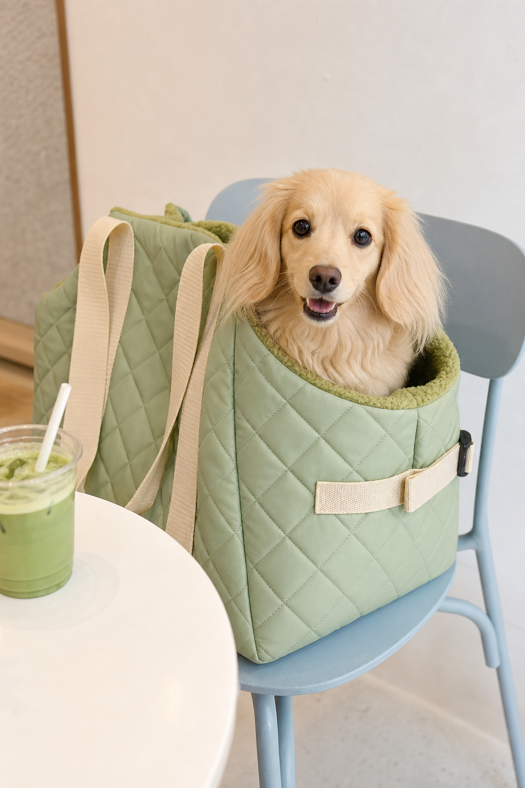 Dog in a matcha green quilted carrier bag on a cafe chair