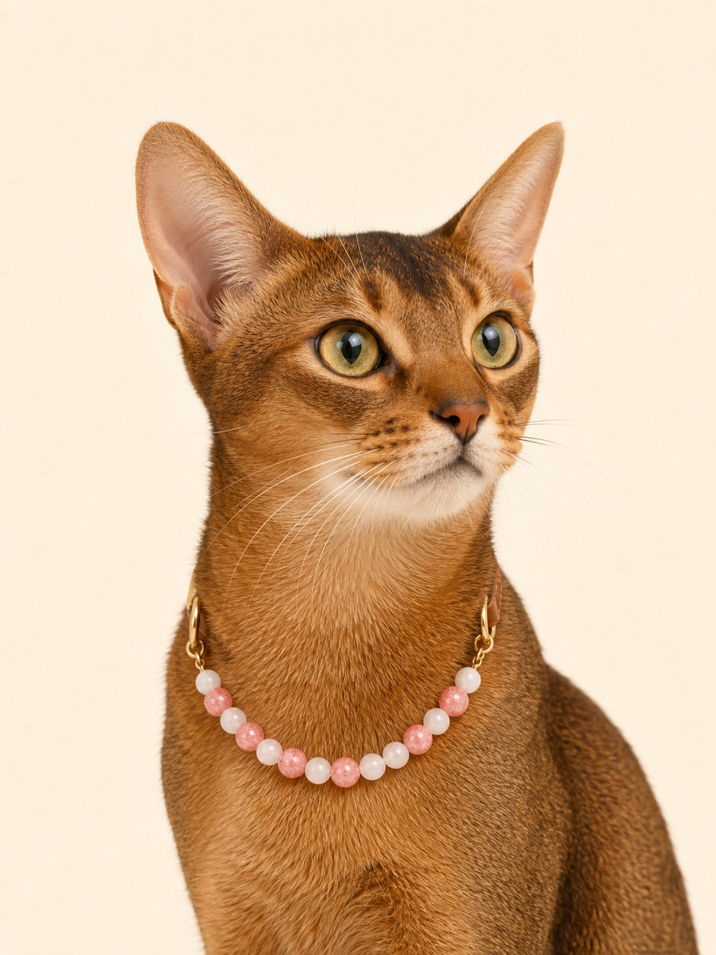 Abyssinian cat wearing PrismTail Rose Quartz crystal collar – natural stone cat jewelry